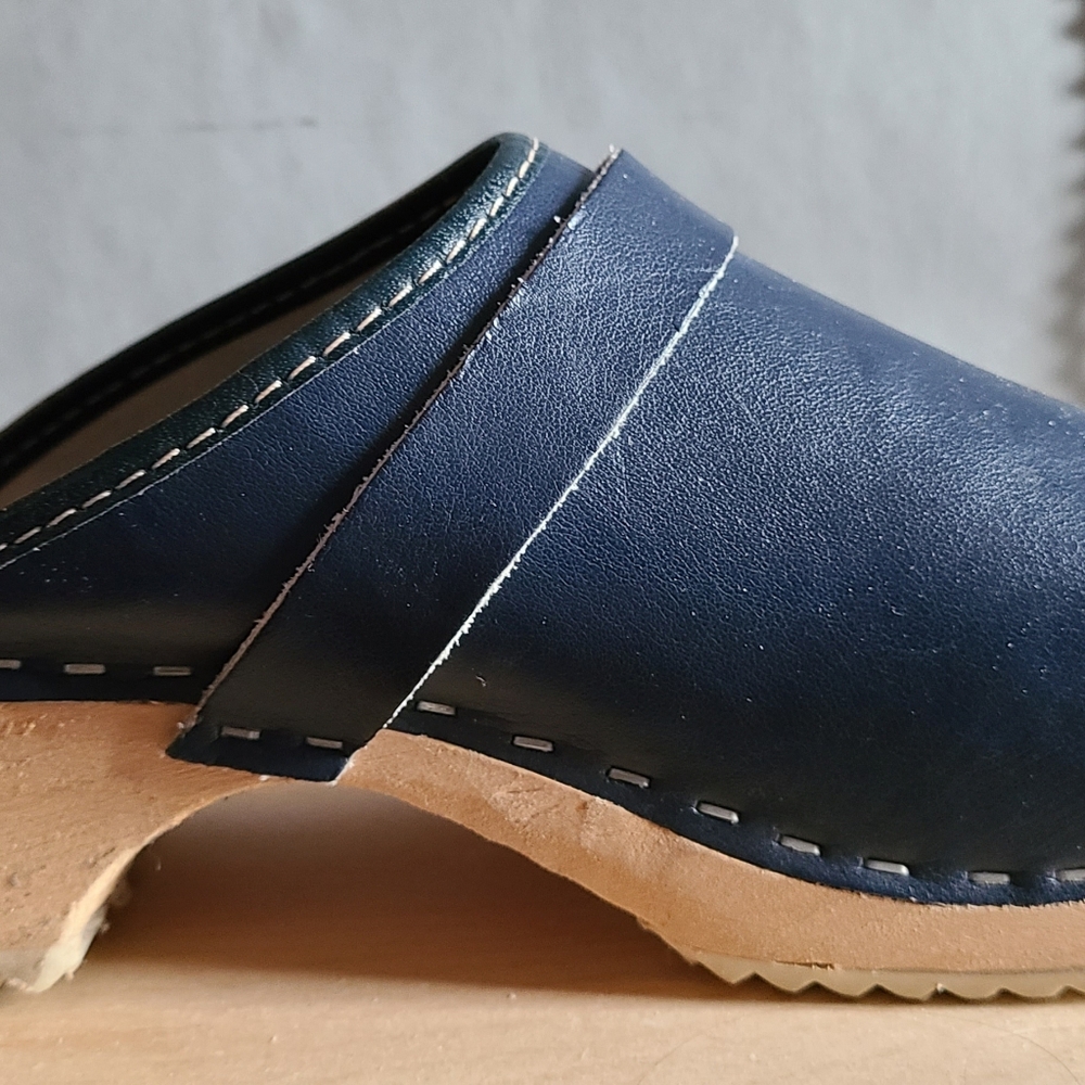 Navy Leather Wood-Platform Mules, Made In Sweden - Picture 4 of 6